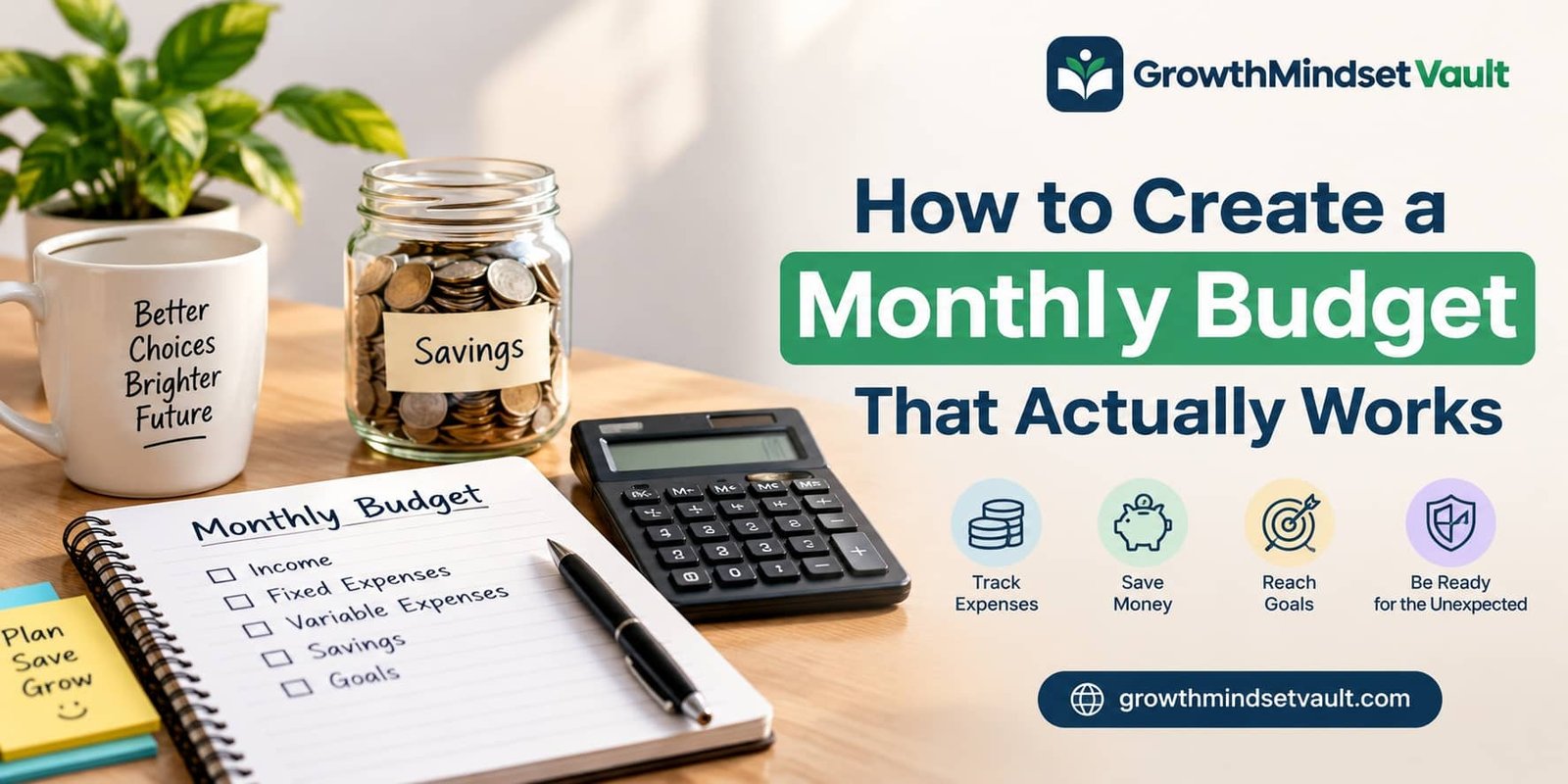 Monthly budget planning with savings, expenses, financial goals, and GrowthMindsetVault branding