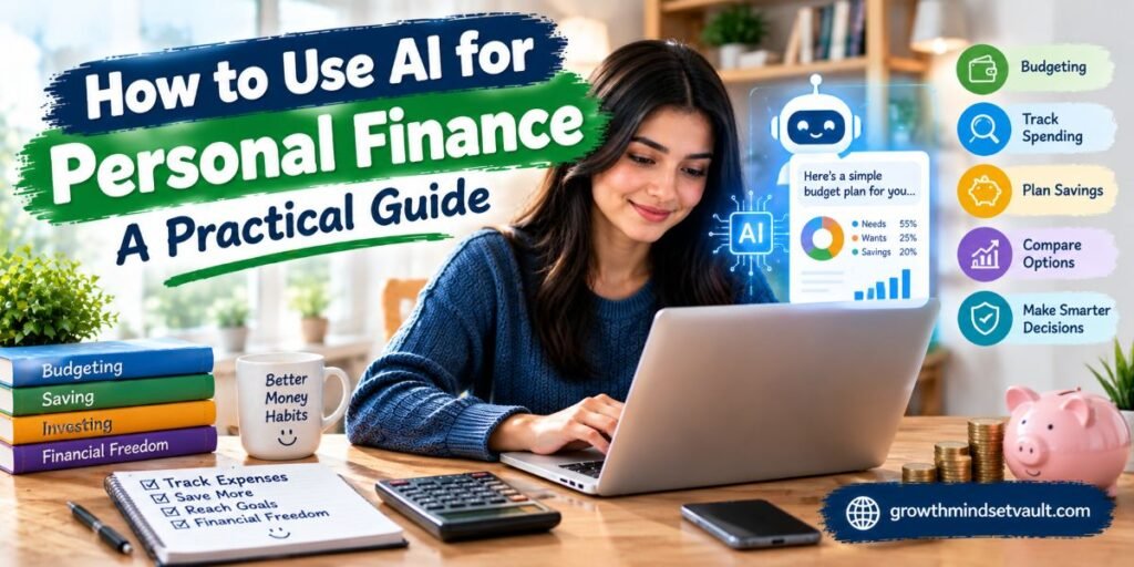 AI for Personal Finance: A woman using artificial intelligence to manage a budget, track expenses, plan savings, and make smarter financial decisions.