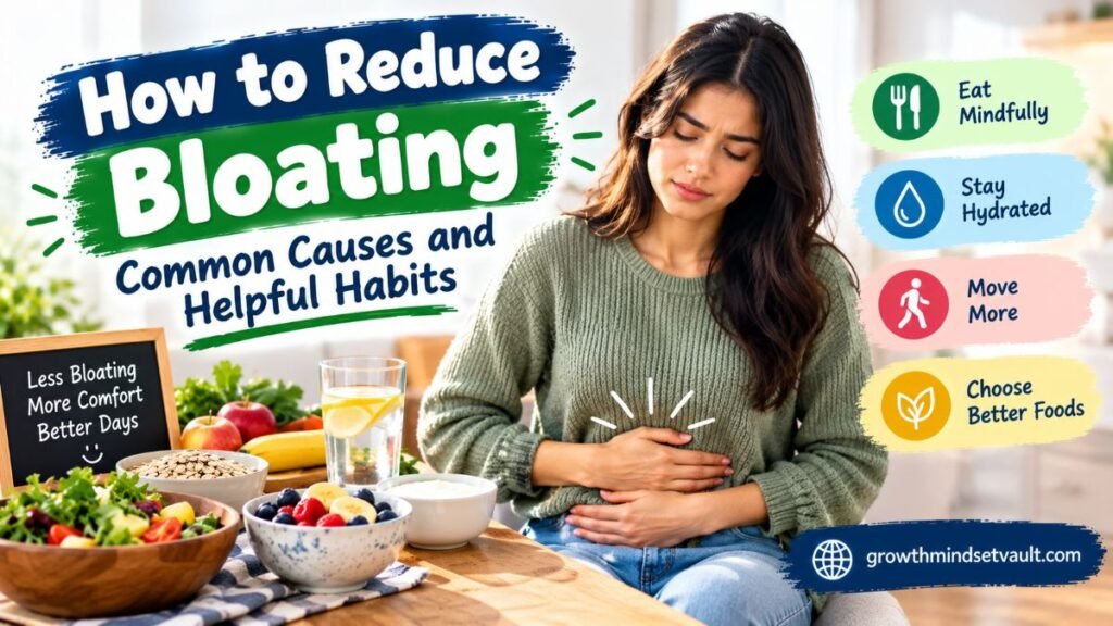 Reduce bloating with helpful daily habits, including mindful eating, staying hydrated, gentle movement, and choosing nutritious foods.