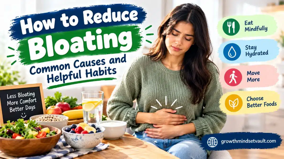 Reduce bloating with helpful daily habits, including mindful eating, staying hydrated, gentle movement, and choosing nutritious foods.