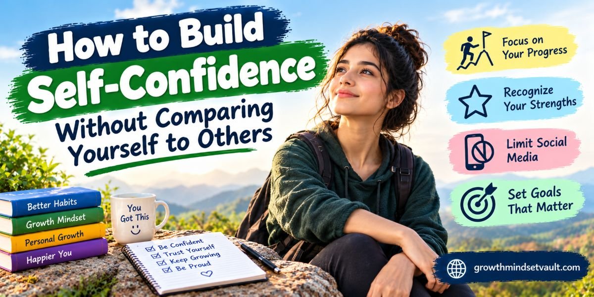 Build Self-Confidence by focusing on personal progress, recognizing your strengths, limiting social media comparisons, and setting meaningful goals, with growthmindsetvault.com branding.