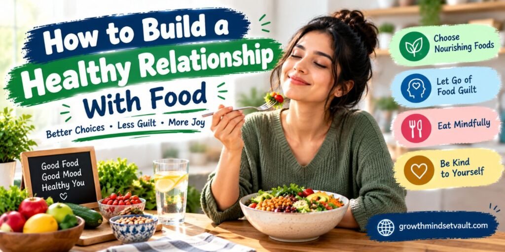 Healthy relationship with food through balanced meals, mindful eating, and enjoying a variety of nutritious foods without guilt.
