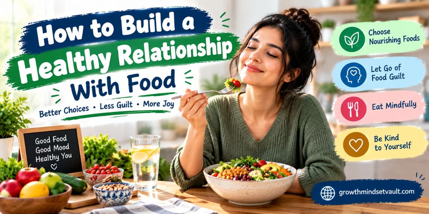 Healthy relationship with food through balanced meals, mindful eating, and enjoying a variety of nutritious foods without guilt.