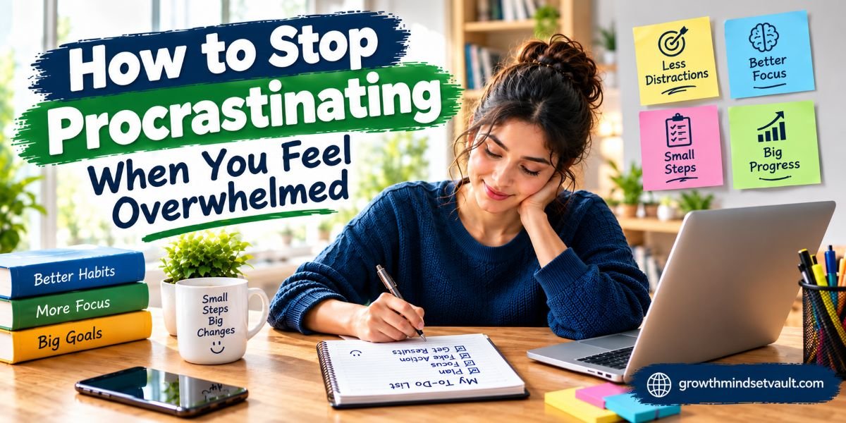 Stop Procrastinating by breaking overwhelming tasks into small steps, improving focus, and building productive habits at a study desk.