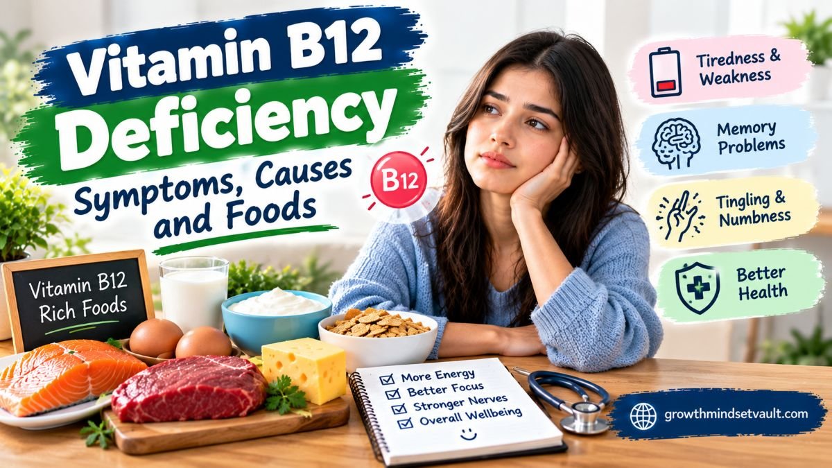 Vitamin B12 deficiency symptoms, including tiredness, weakness, tingling hands and feet, and foods rich in vitamin B12.