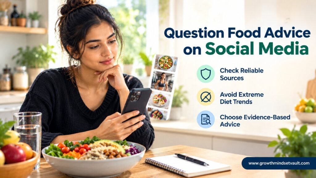 A woman checking nutrition advice on her smartphone beside a balanced meal, with tips to verify reliable food sources and avoid extreme diet trends.